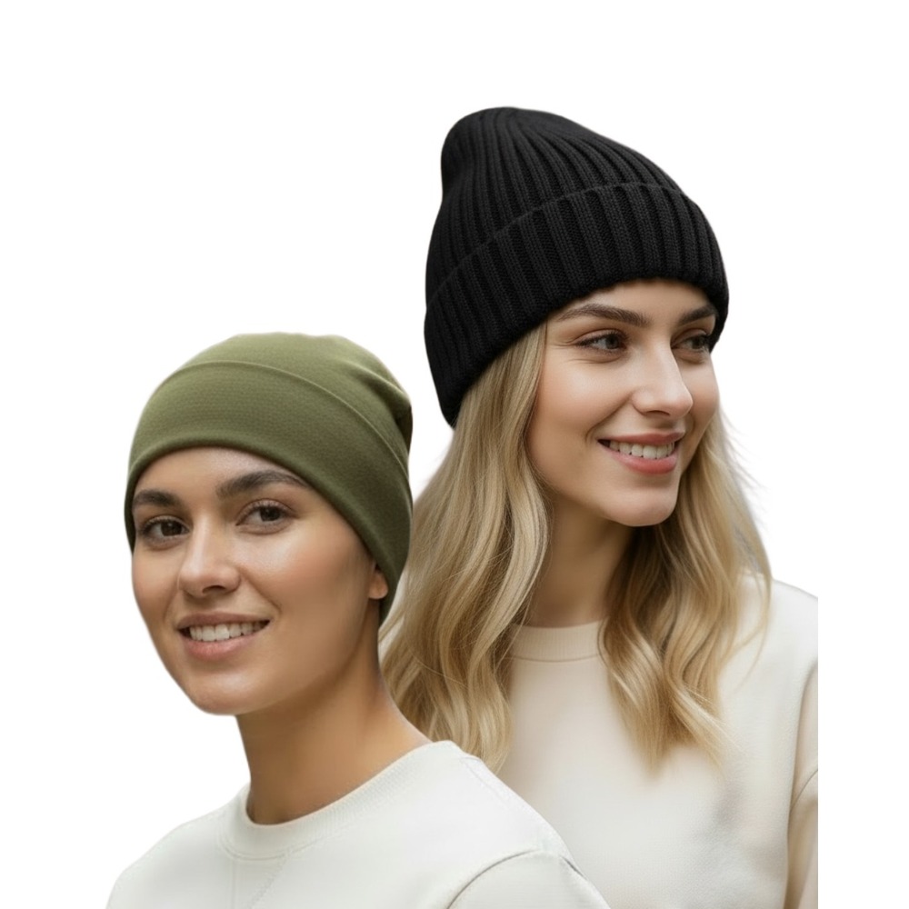 Upcycled Merino Wool Beanie Hats 2 Pack Black & Olive Green Ribbed Knit |‎ Med.